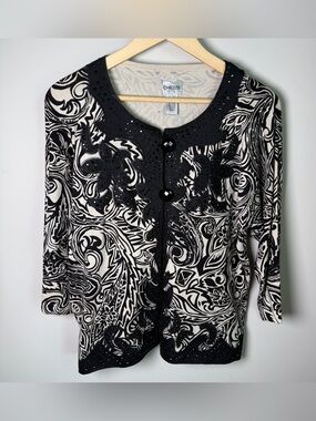 Chico’s Black & White Paisley Silk Blend Embellished Cardigan | Size 3 (XL)